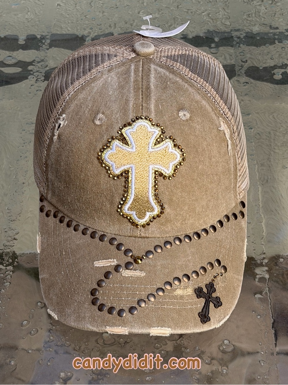 NWT Handmade The Rosary Distressed Trucker Cap with Gold Cross Accent